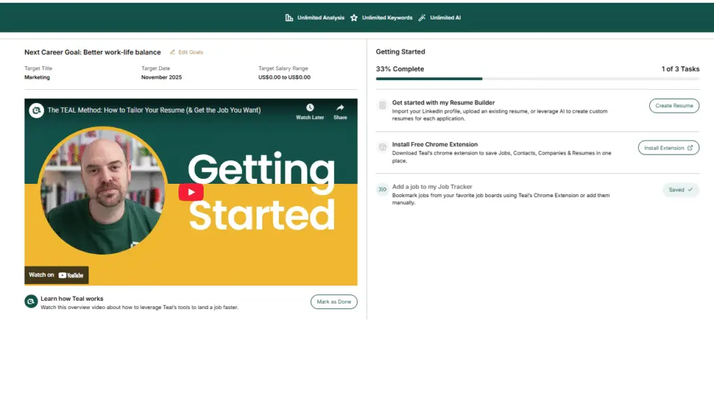 Teal Resume Builder - Getting Started